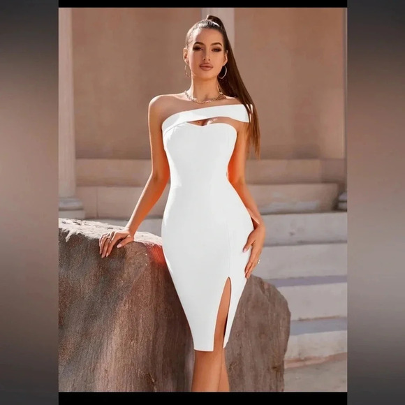 adyce Dresses & Skirts - ADYCE One Shoulder Backless Split Thigh Midi Elegant Cocktail Bandage Dress